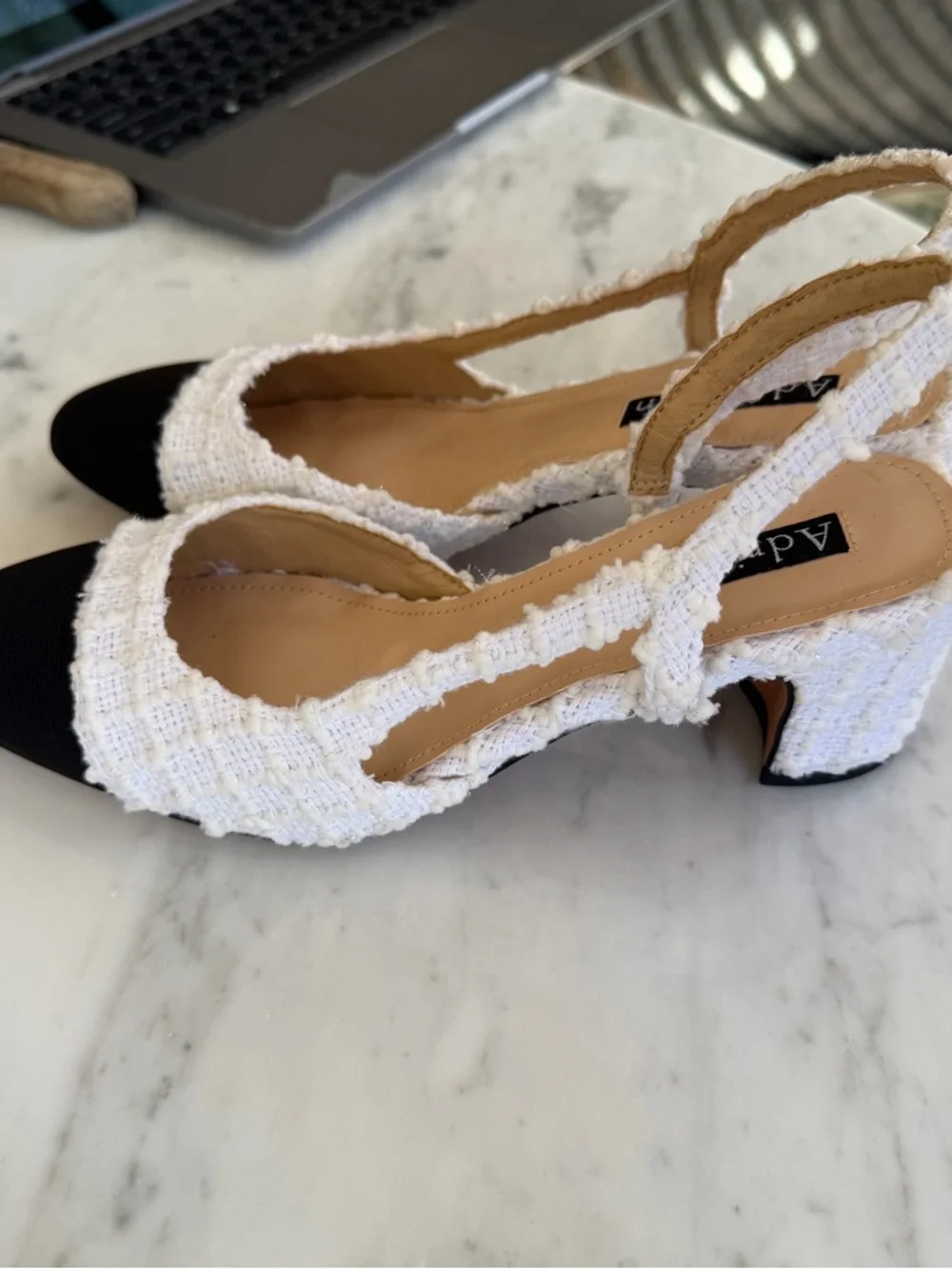 Women's Two-Tone Tweed Slingback Kitten wedge heels in Black & White - Picture 8 of 8